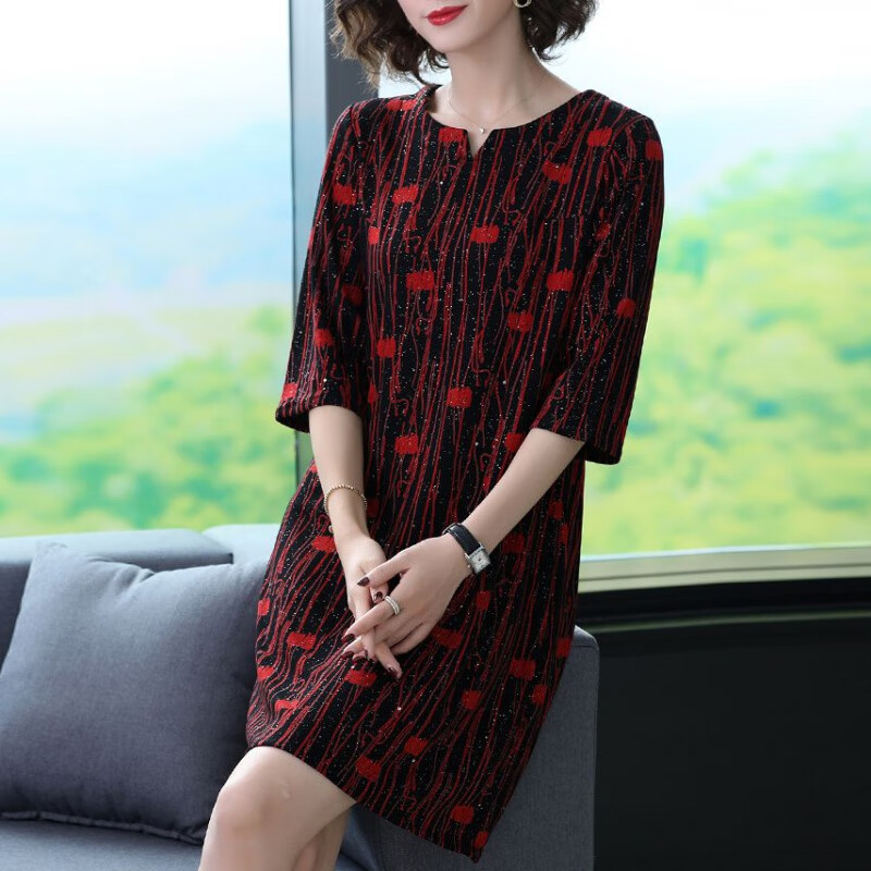 中凡智装春夏连衣裙七分袖中年女装直筒洋气裙子妇女服装 红色 l