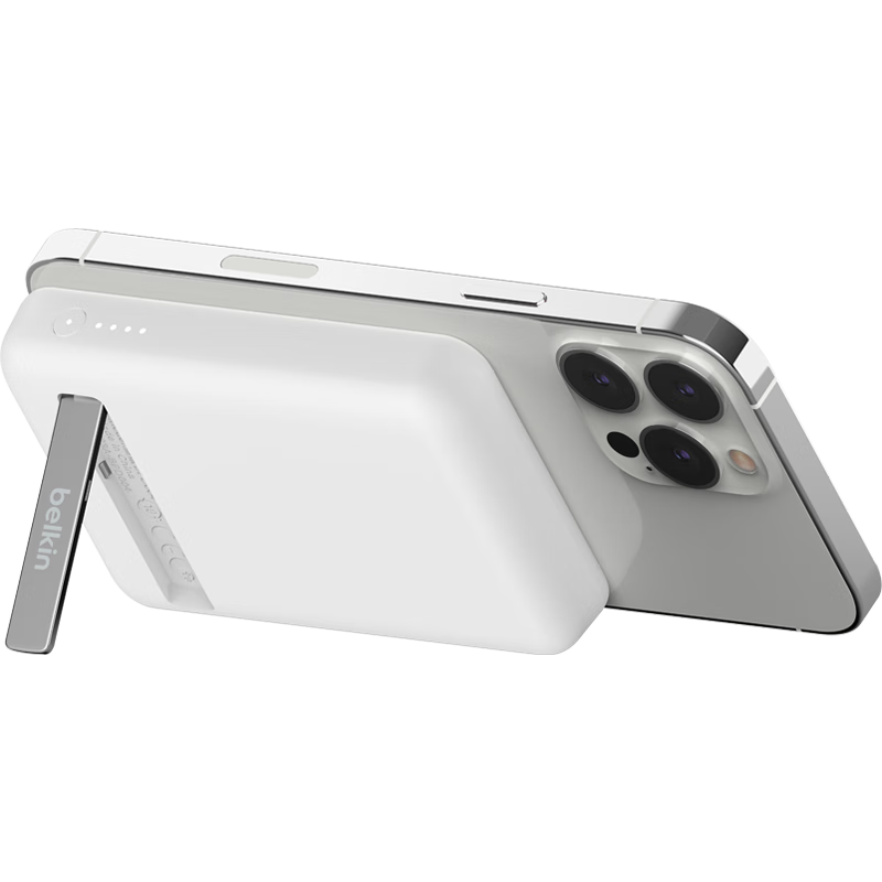 Belkin贝尔金兼容MagSafe有线无线磁吸充电宝5000毫安折叠支架适用于iPhone12/13系列苹果手机背夹 白色100029350293