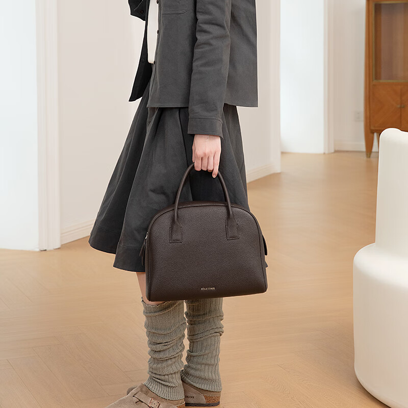 STAR TOWN繁星小镇大容量保龄球包头层牛皮手提包波士顿包圣诞元旦 乌木棕