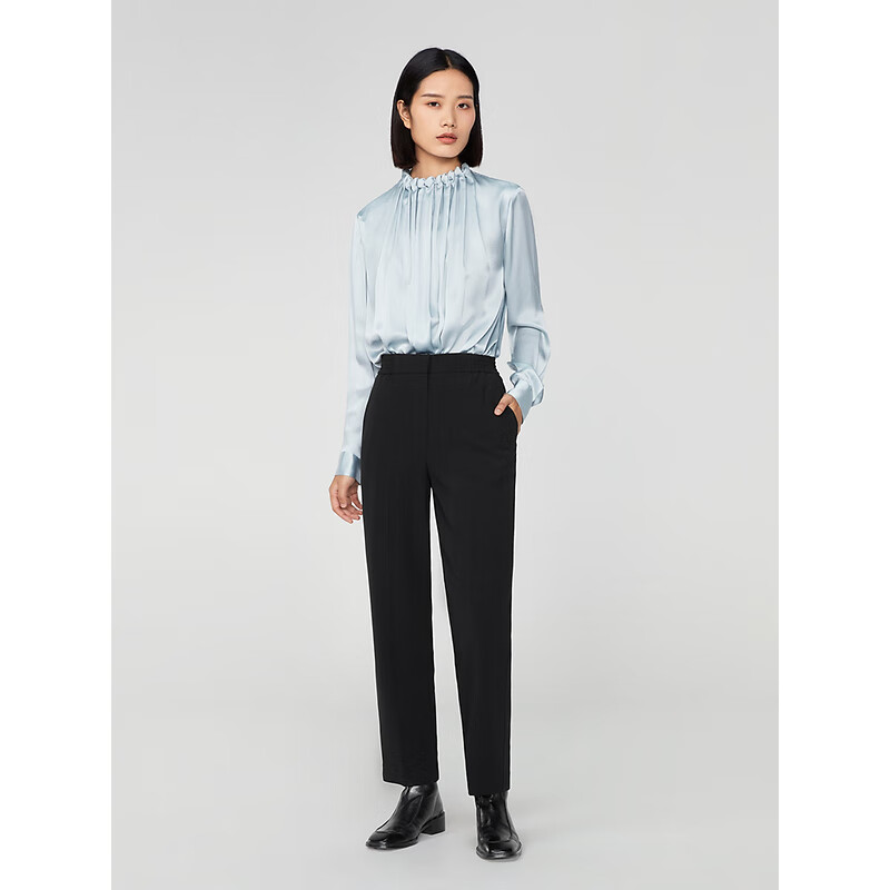 OVV2023秋冬新款女装日本进口三醋酸侧后腰松紧休闲通勤长裤 黑色（净色）A3 M