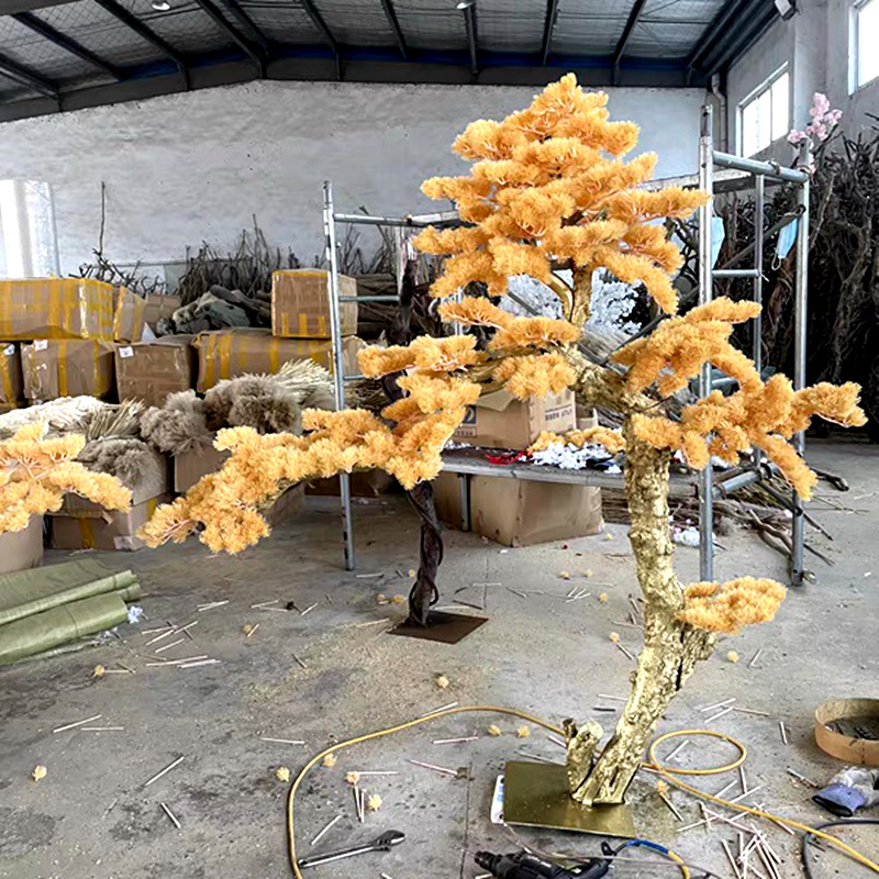 豪金聚仿真金色迎客松树新中式假松树摆件 落地大型户外玄关造景摆放