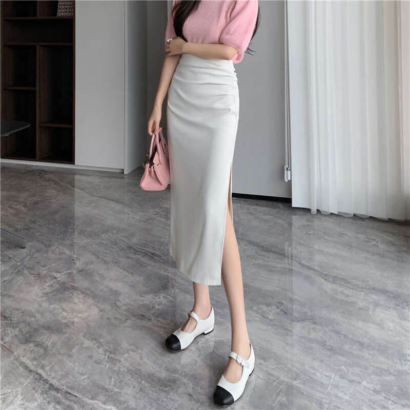 MURVKF轻奢高端 2024夏新款半身裙高腰包臀裙通勤显瘦中长款一步裙 米白色 S