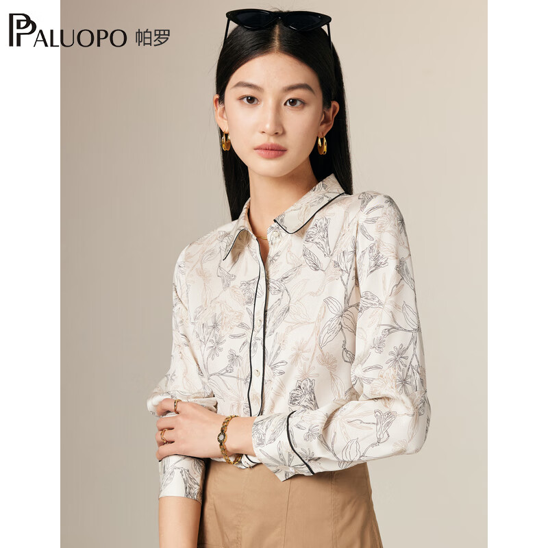 帕罗（PALUOPO）19姆米弹力双乔桑蚕丝夏长袖印花微弹衬衣休闲文艺上衣衬衫女 白底花 XL (170/92A)