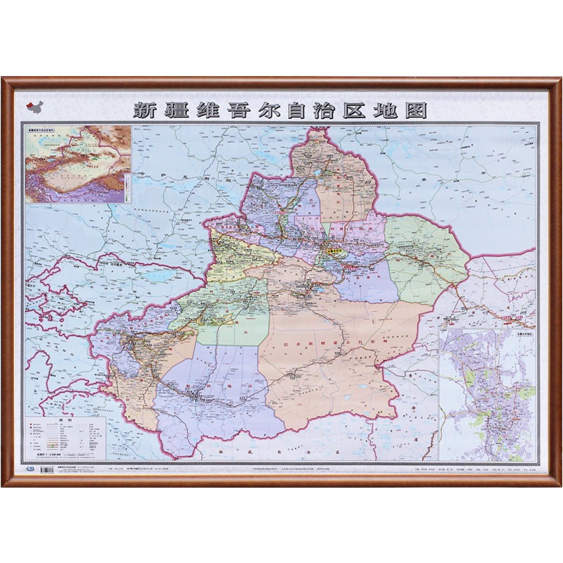 【定制边框】2023年 新疆维吾尔自治区地图 木框装裱 约1.1米*0.8米 胡桃色边框