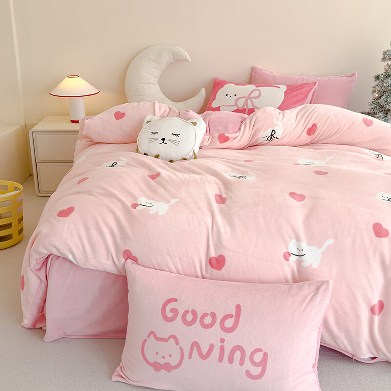 多喜爱家纺暖绒四件套 暖暖绒套件冬季加厚牛奶绒四件套宿舍三件套床单 甜心小奶猫 1.2米床 床单款 （被套152*218cm)