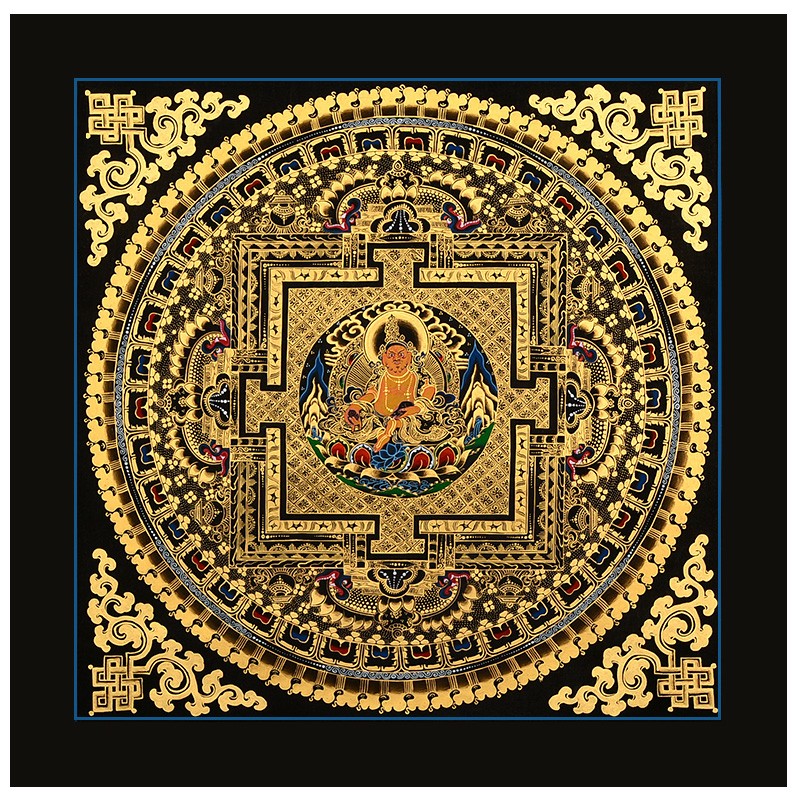 藏村 唐卡手绘坛城唐卡 尼泊尔天然黑卡镀金挂画 客厅茶室装饰画 黄财神 棕色简约画框