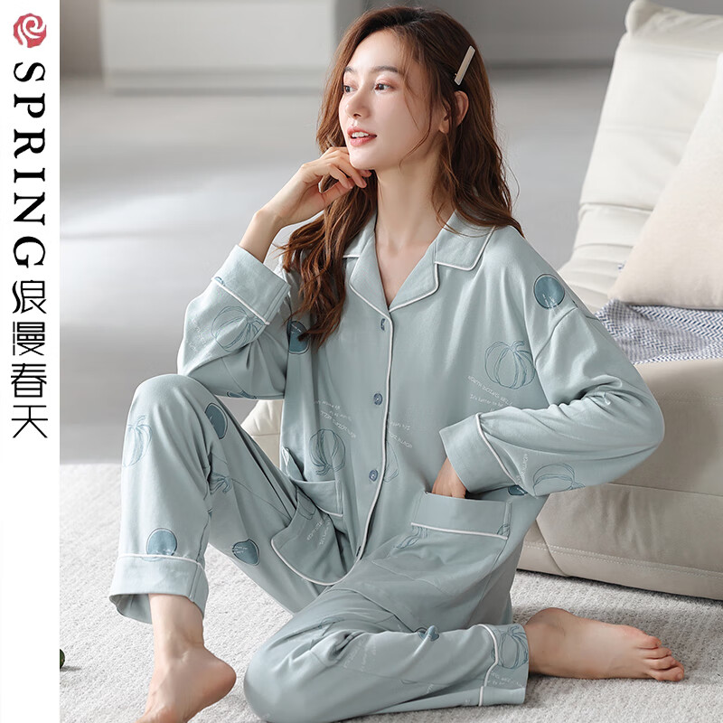 浪漫春天(liangmanchuntian)睡衣女春秋季棉长袖宽松休闲秋冬开衫可外