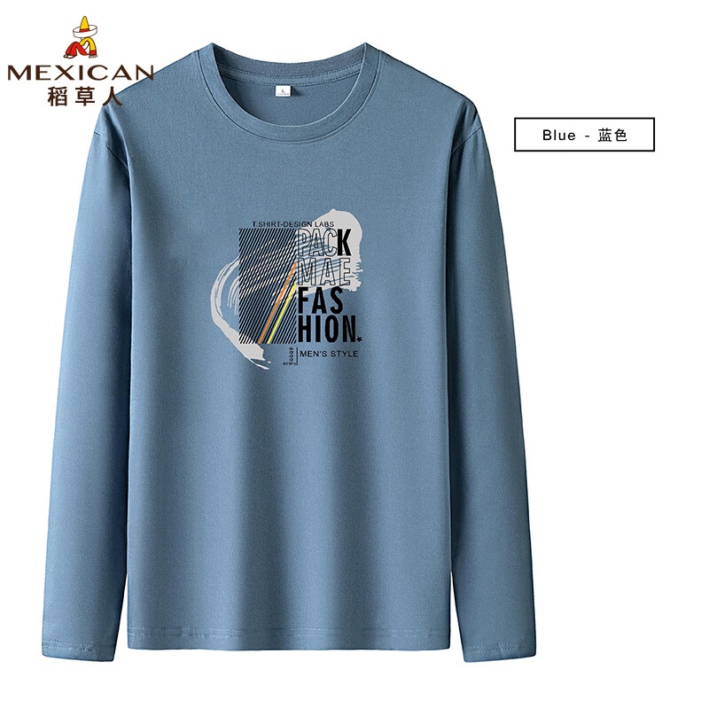 稻草人 （MEXICAN）纯棉长袖T恤男秋季新款透气圆领潮流上衣 蓝色 XL