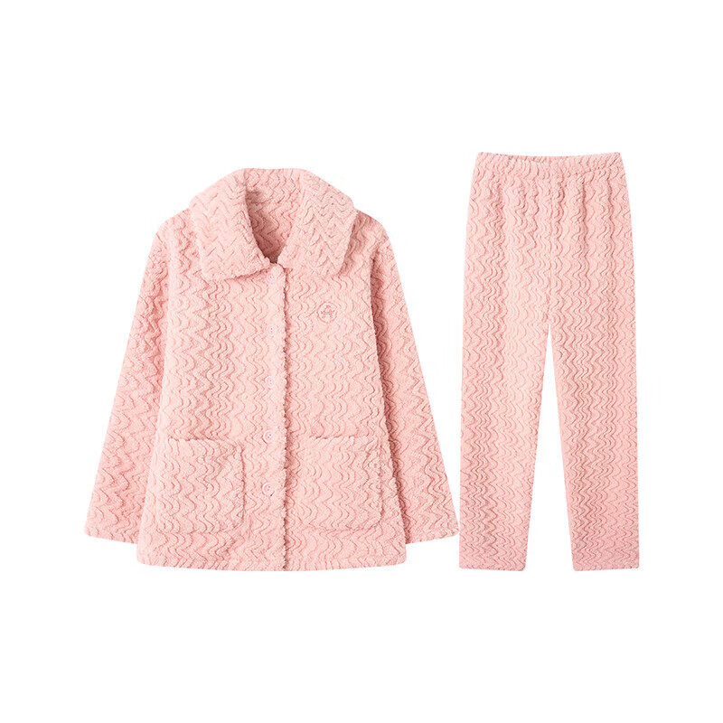 芬腾睡衣女【加厚暖绒】秋冬季少女感保暖翻领开衫长袖家居服套装 虾粉 L