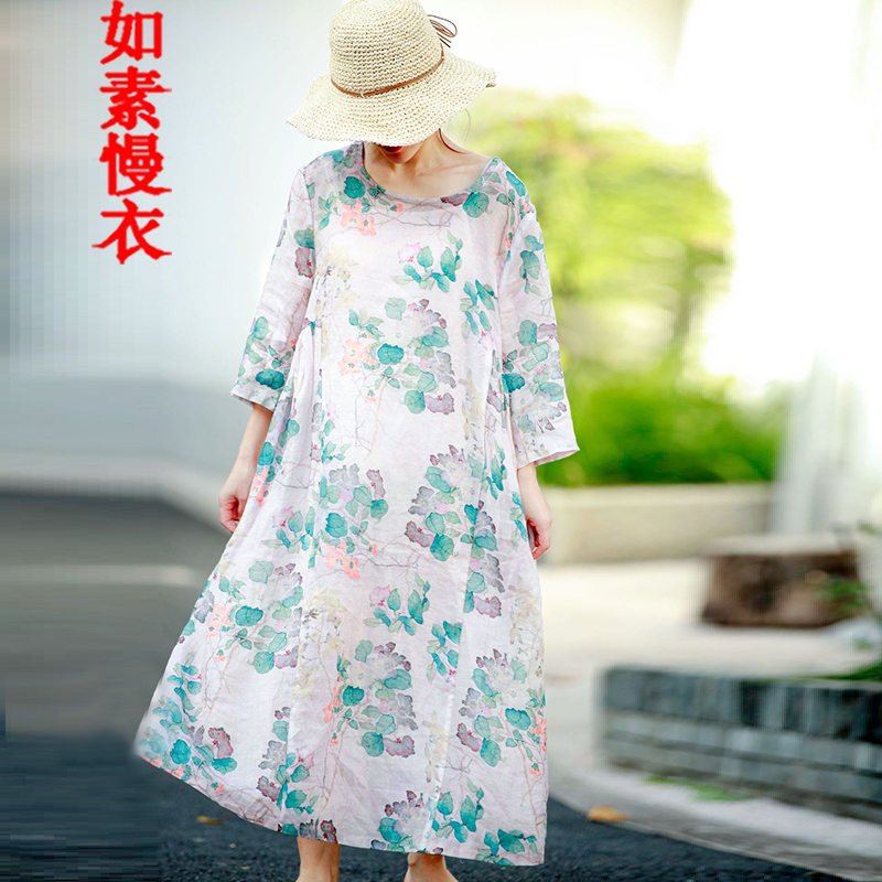 如素慢衣宽松休闲印花连衣裙袍子复古文艺苎麻女装26554 粉印花 均码