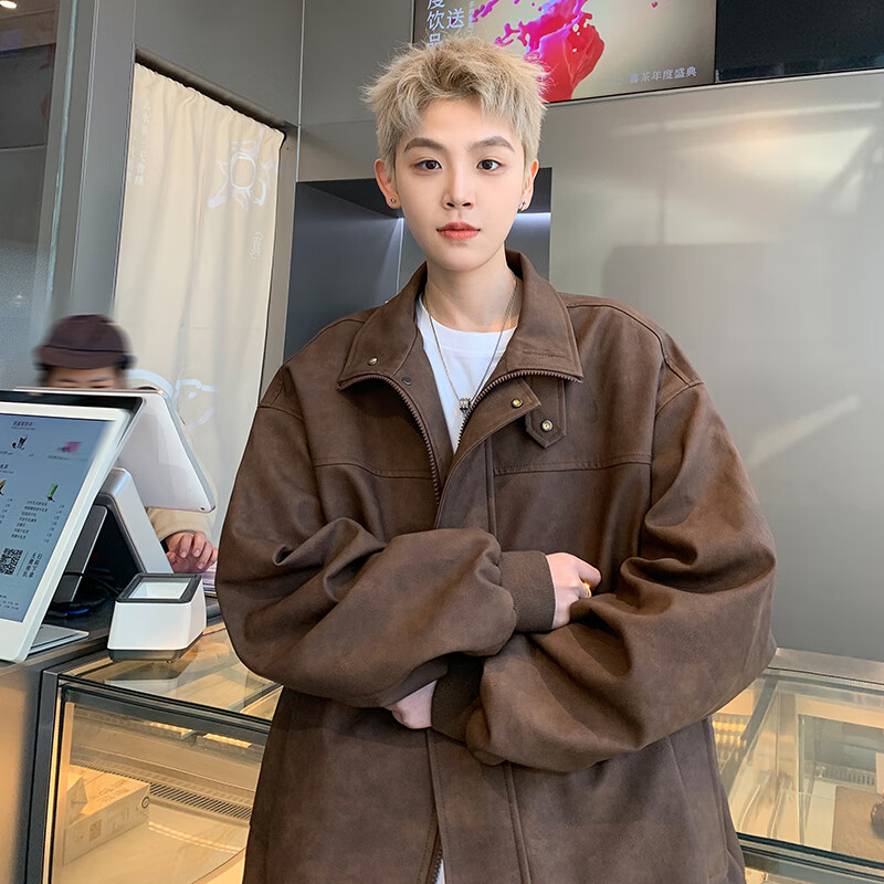 犀牛美拉德穿搭男生外套oversize美式复古咖色皮衣短款立领棒球服夹克