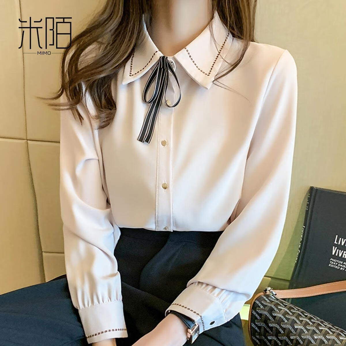 冉同女士衬衣带领结雪纺蝴蝶结衬衫女雪纺衬衫女长袖打底衫2023早秋新