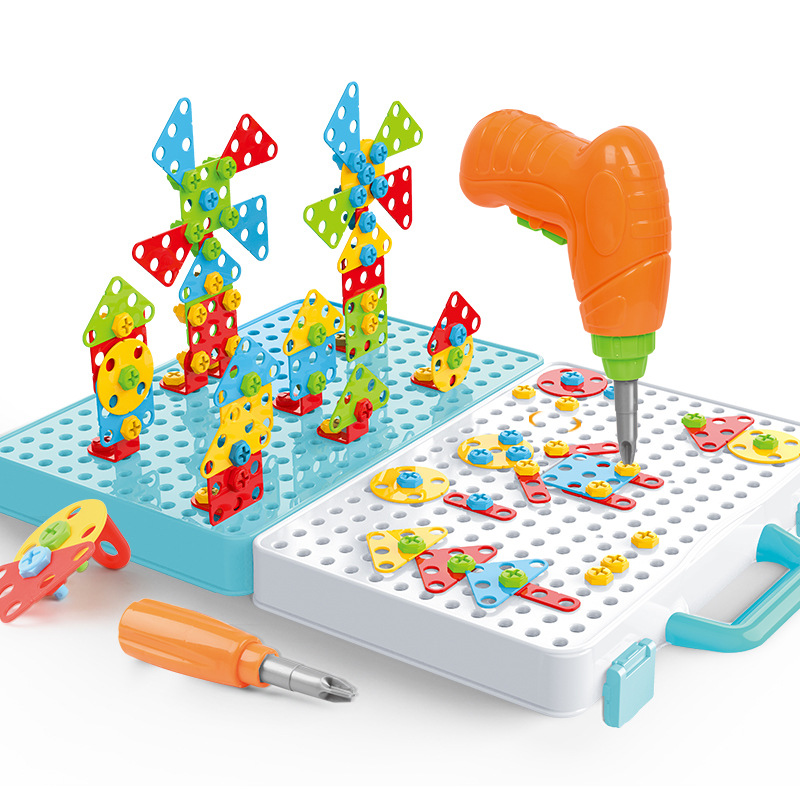 知识岛电动拧螺丝玩具 diy电钻玩具 儿童拼装百变拼图工具箱 电动款