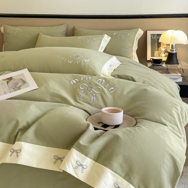 刺绣床单被套床笠款三件套床上用品 a类纯棉磨毛不掉毛minmin-柳芽绿