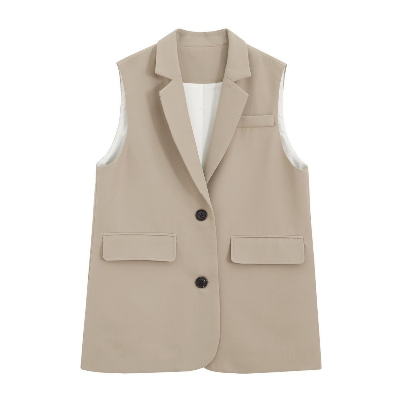wsng 西装马甲外套女春2021新款无袖chic气质韩版宽松网红时尚 卡其色
