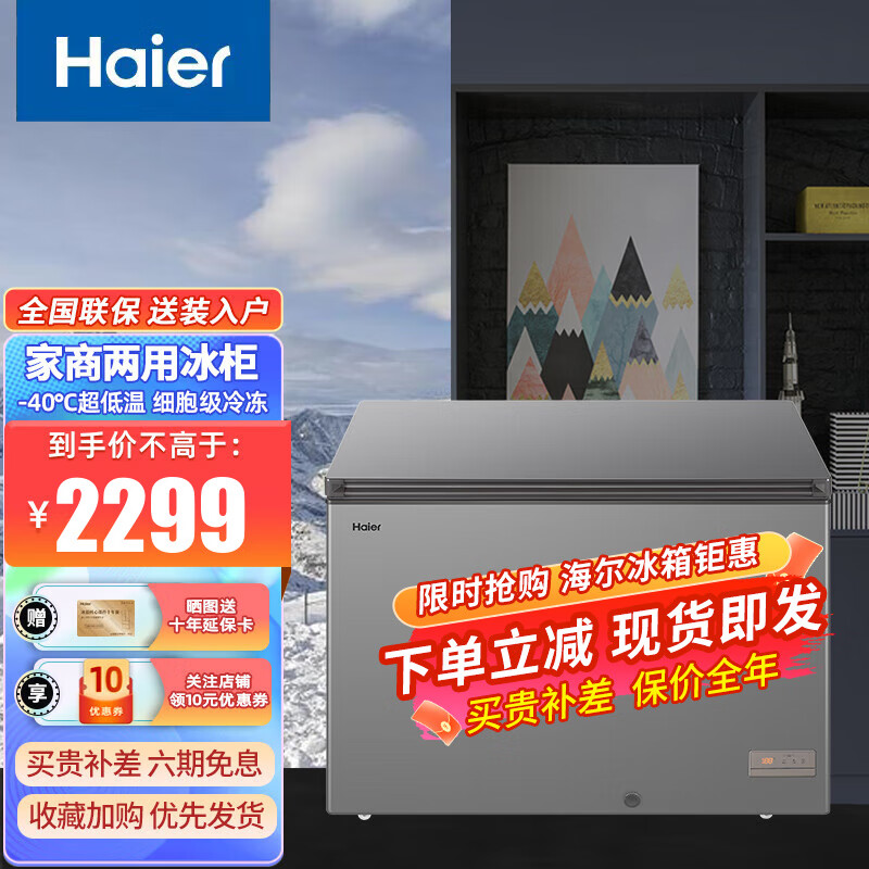 海尔（Haier）【新品】海尔冰柜全冷冻无需除霜节能一级能效商用大容量冷柜卧式冷藏转换两用单温小型冰柜家用 307HEM / 零下-40度超低温 / 电脑控温