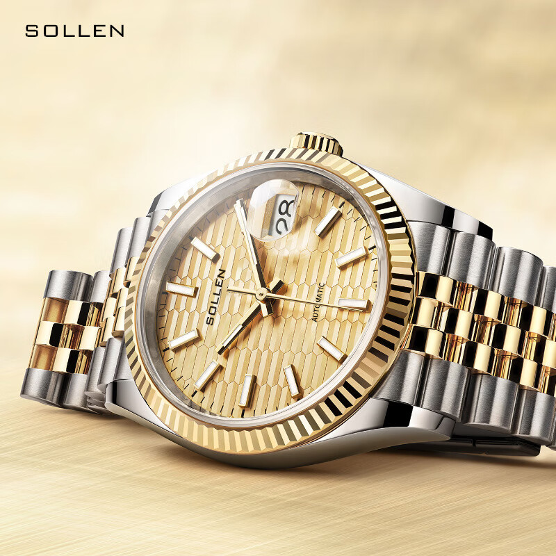 sollen瑞士日志型系列手表男士钢带机械表商务时尚高级防水夜光金色