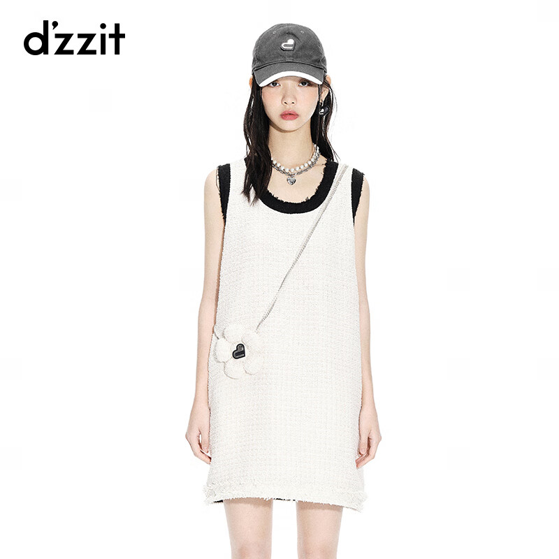 DZZITdzzit地素2023春季新款小香风粗花呢双链条装饰花朵连衣裙女 米白色 XS
