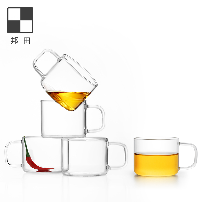 邦田(Bonston)玻璃茶杯带把手加厚咖啡功夫茶耐热透明品茗杯创意个人马克杯 100毫升4只装