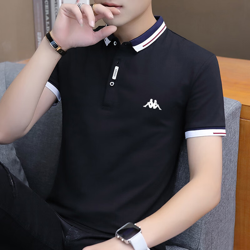 KAPPA卡帕背靠背2024新款夏季短袖T恤男PO·LO衫修身版纯棉休闲时尚 黑色 XL130-145斤
