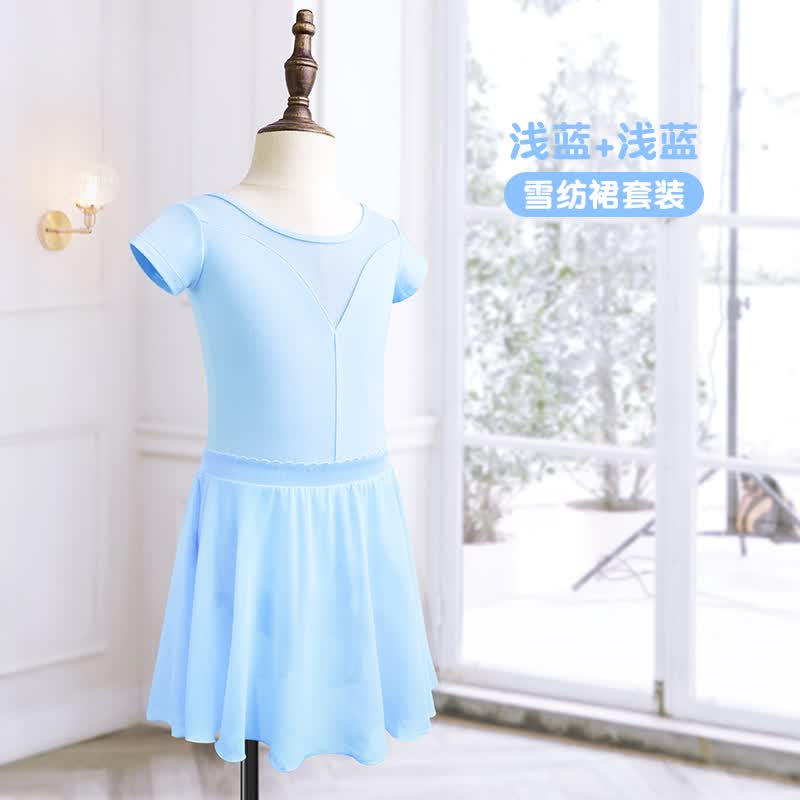 艾舞戈舞蹈服女童专业舞蹈套装儿童芭蕾舞连体服跳舞演出服中国舞服 浅蓝短袖+蓝色雪纺裙 120码：身高120-130cm重30-38斤使用感如何?