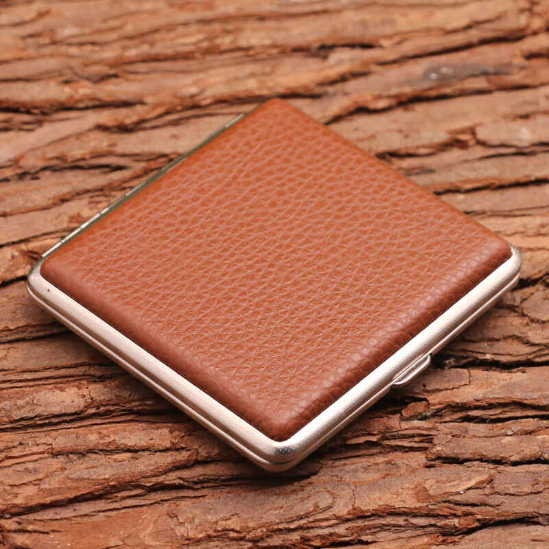 高端皮烟盒20支装便携粗支男创意时尚金属铁香烟盒防压烟夹 棕皮