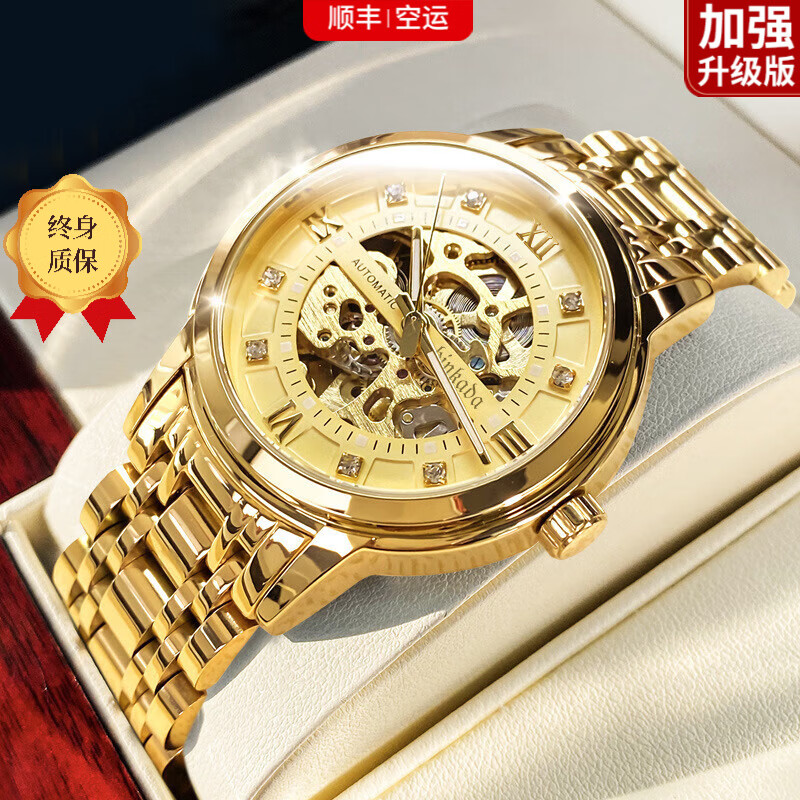 手表男士全自动机械表防水夜光学生腕表男友父亲礼物 全金金面