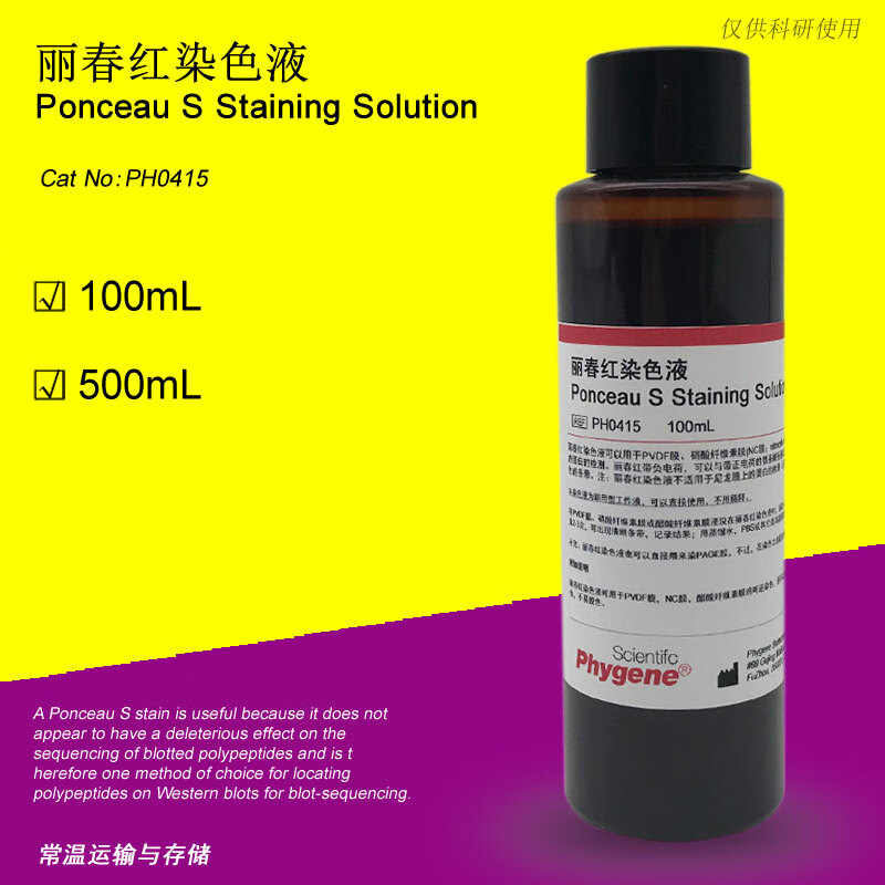丽春红染色液 丽春红染液 科研实验 蛋白检测[ph0415 phygene 100ml