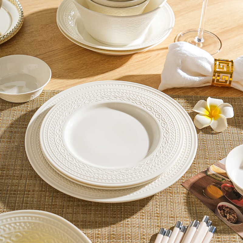 舍里欧式浮雕白瓷盘陶瓷西餐盘意面盘家用牛排餐具菜盘鱼盘汤白色盘子 平盘 8英寸 单个入