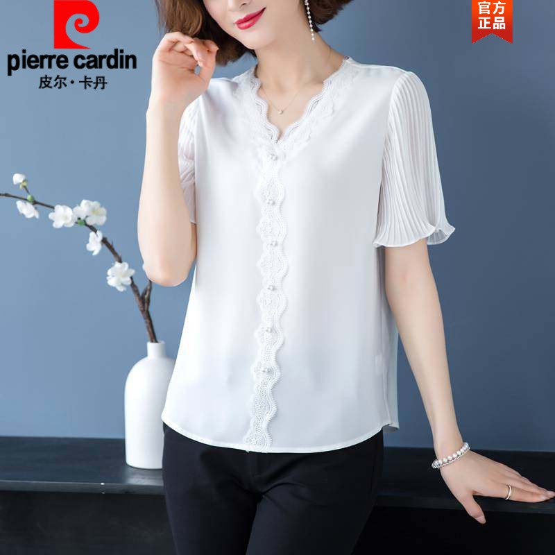 短袖雪纺衫女蕾丝v领上衣薄款2022年夏季气质漂亮时尚洋气小衫针织
