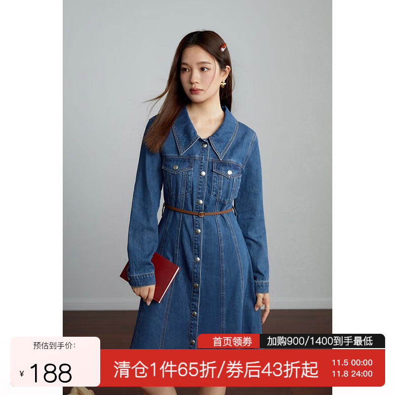 独束大码女装复古收腰牛仔连衣裙女秋装新款微胖mm衬衫领中长款裙子 牛仔蓝 XL怎么看?