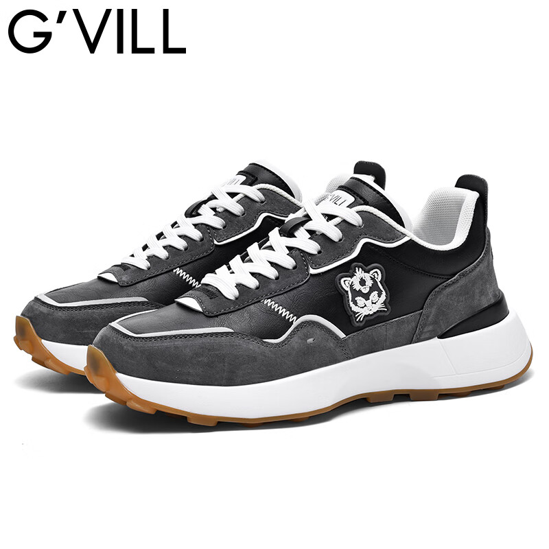 贵之步G'VILL 男鞋春秋季2024新款真皮潮流百搭老爹鞋子跑步运动休闲鞋 黑灰 42