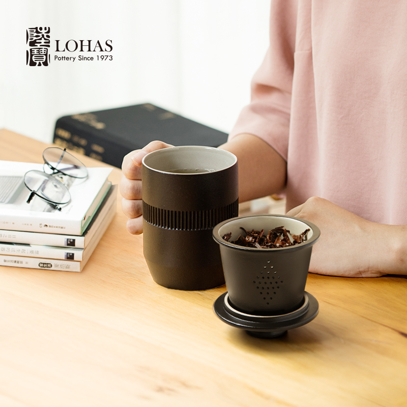 陆宝陶瓷办公杯马克杯简易大容量450ml泡茶杯 礼盒装可定制 合意盖杯 禅风黑