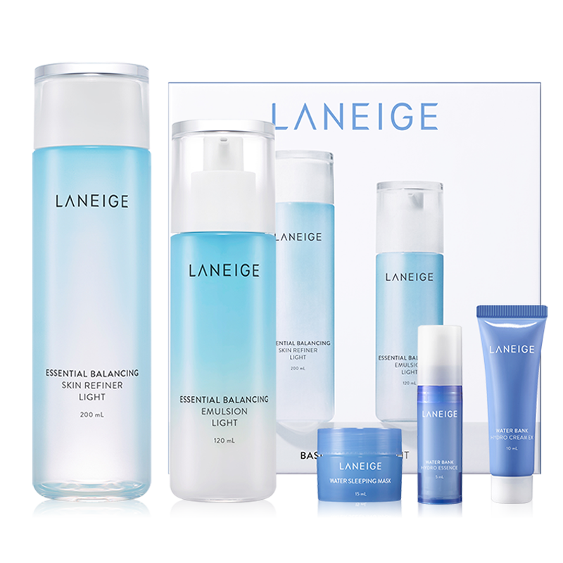 LANEIGE 兰芝 水库护肤套装 (凝肌清爽保湿水200ml+保湿乳200ml+高保湿精华露5ml+凝肌凝霜10ml+水润轻透睡眠面膜15ml)