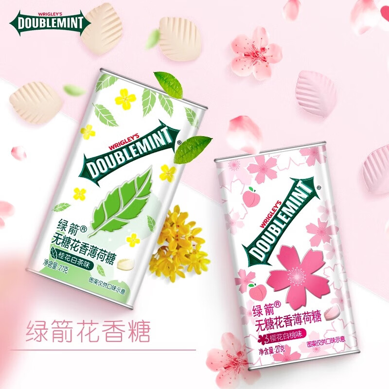 綠箭無糖薄荷糖無糖花香約會接吻糖香體糖口氣清新糖果組合零食 桂花白茶味*2+櫻花白桃味*2