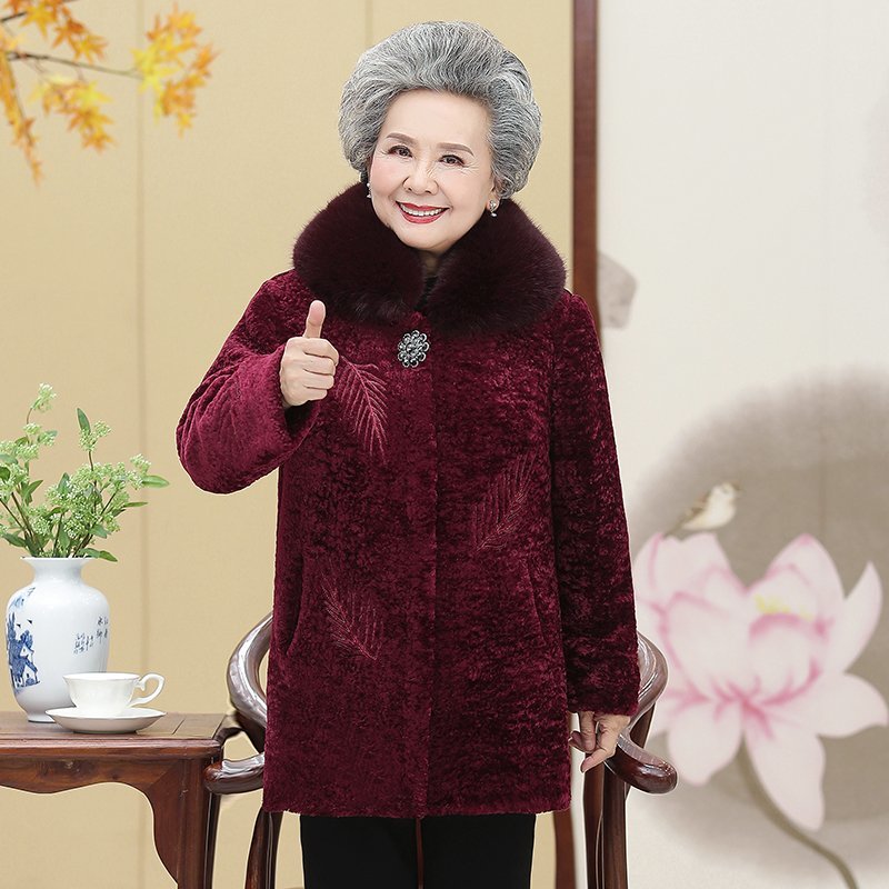 人冬装女奶奶羊剪绒大衣中长款60岁70妈妈棉袄外套冬季减龄加绒加厚