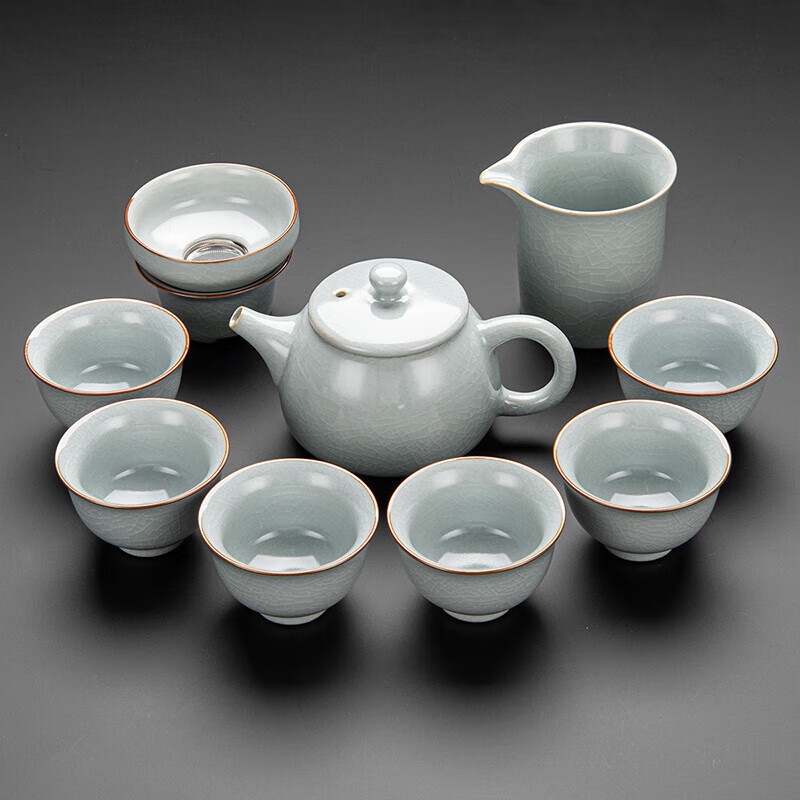 祥業(yè)一套鐵胎汝窯茶具套裝家用中式茶壺辦公室會(huì)客陶瓷功夫茶杯 鐵胎月白茶壺六杯9件套