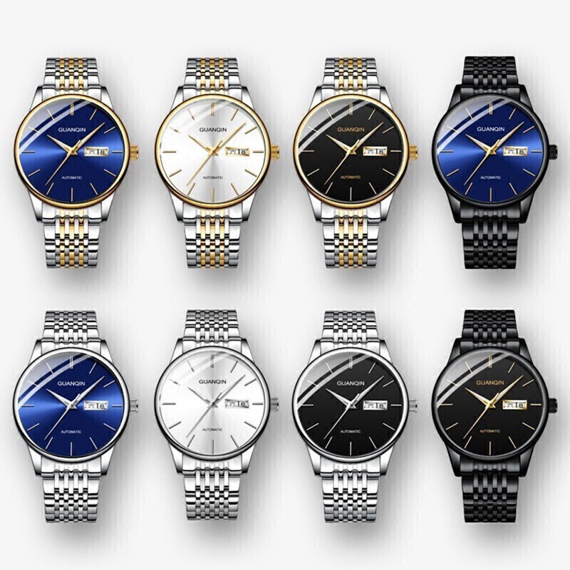 冠琴(GUANQIN)名表十大品牌手表男士商务全自动机械表男表夜光防水双日历男士表 间金黑面16217【免费刻字】