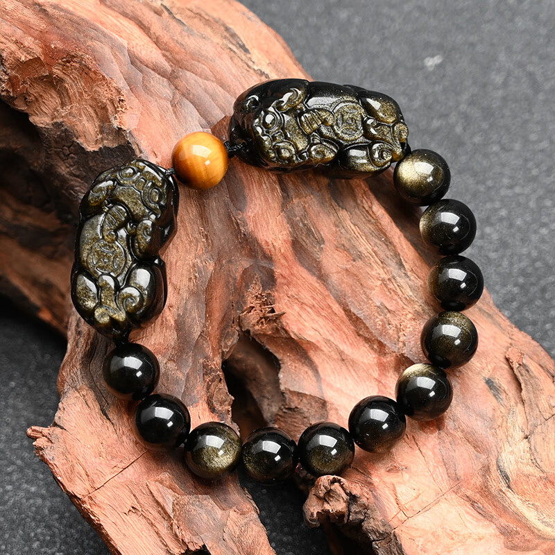 瓶凡壹空天然黑曜石貔貅手链男金曜石双皮丘虎睛石水晶手串女士饰 金
