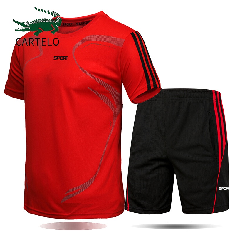 卡帝乐鳄鱼品牌休闲速干运动套装男2021年夏季薄款透气冰丝跑步健身服男装两件套CZ 红色 3XL