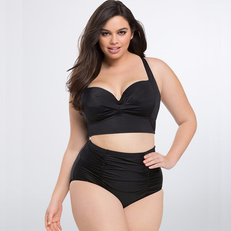 月桂兔欧美新款大码比基尼泳衣 印花加肥高腰肥婆bikini泳装 黑色 l