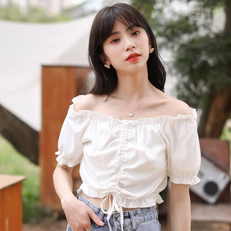 卡富亚露肩短袖t恤上衣女漏肩膀性感主播直播衣服一字领小心机短款漏