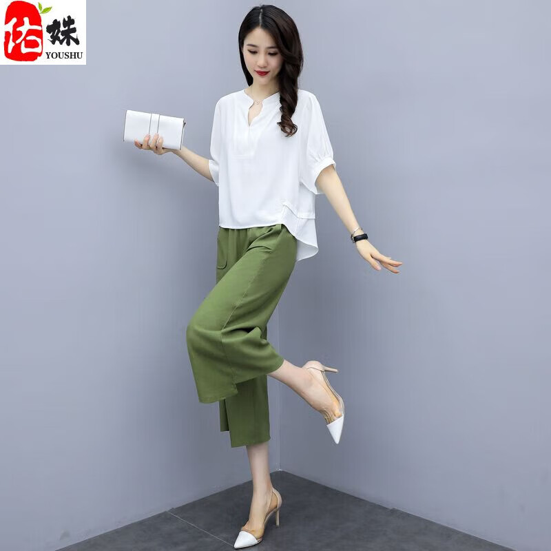 裤夏棉麻套装女夏装新款大码女装宽松时尚阔腿裤亚麻休闲两 白色 套装