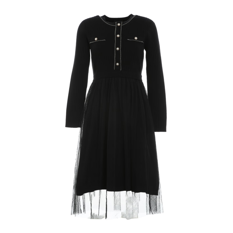 betu百图女装秋冬连衣裙小香风拼接网纱针织连衣裙收腰修身显瘦连 黑色 M