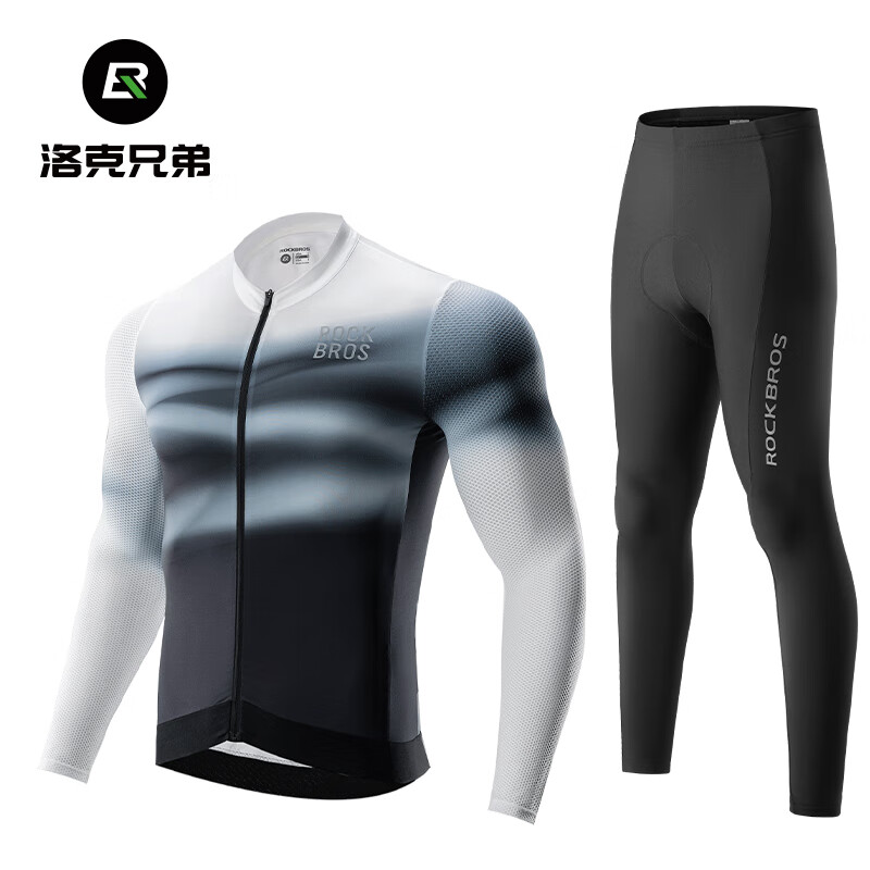 洛克兄弟騎行服長袖上衣春夏季男自行車運動山地公路車服透氣速干 黑白色騎行服+米勒 XL