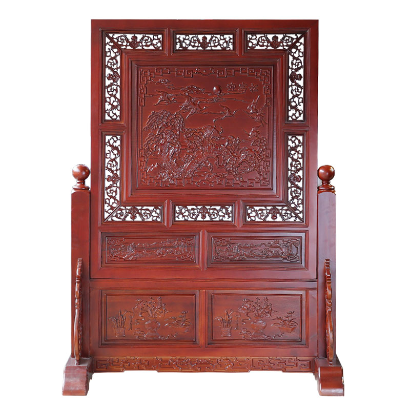 龙上龙(longshanglong)全实木家具香樟木迎客松屏风中式镂空雕花座屏