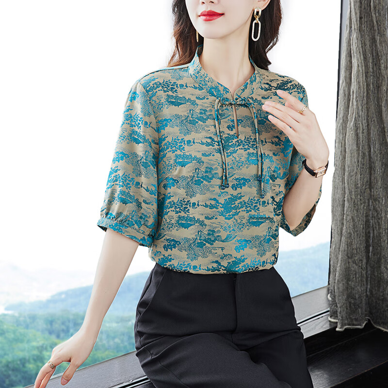 隐形都市新中式五分袖潮流T恤女2025新款夏款短袖印花大码复古中年上衣 绿色 5XL 135-145斤