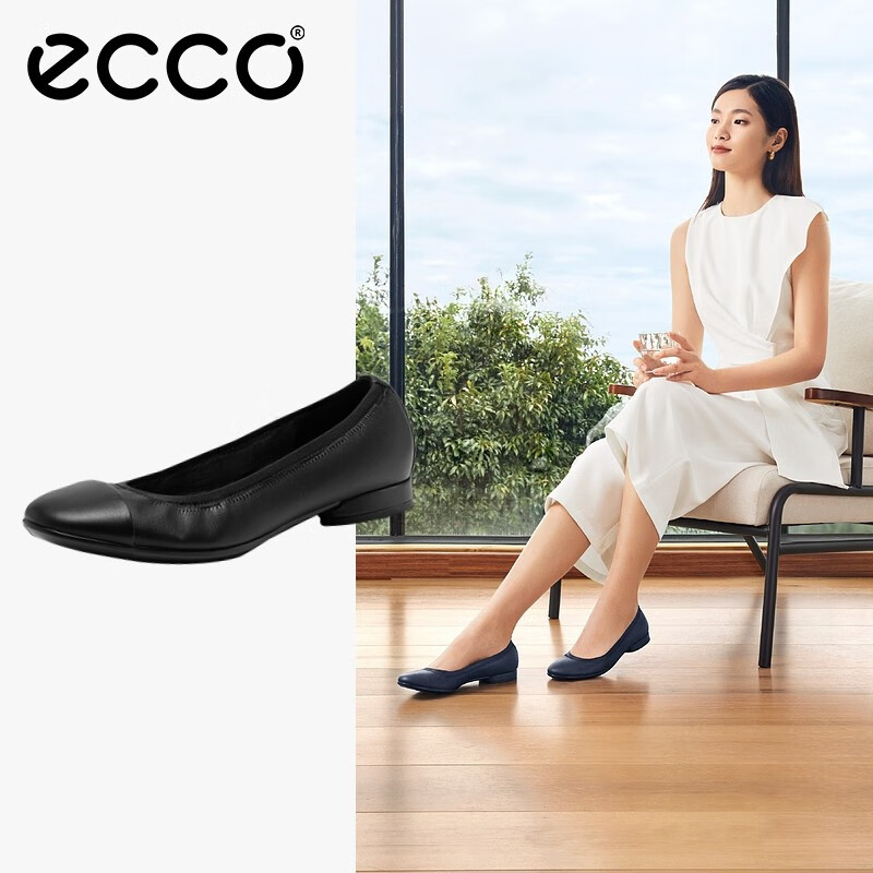 ECCO爱步单鞋女 真皮一脚蹬芭蕾舞平底鞋女 安妮208093 黑色20809301001 39