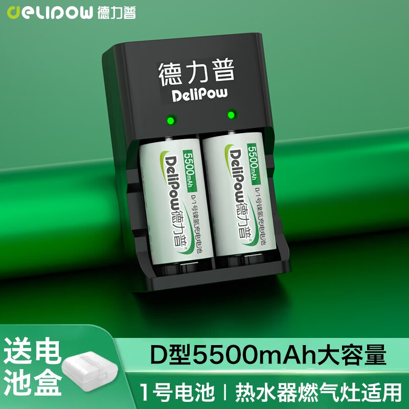 德力普(delipow) 1号充电电池 d型大容量5000毫安充电器套装适用煤气
