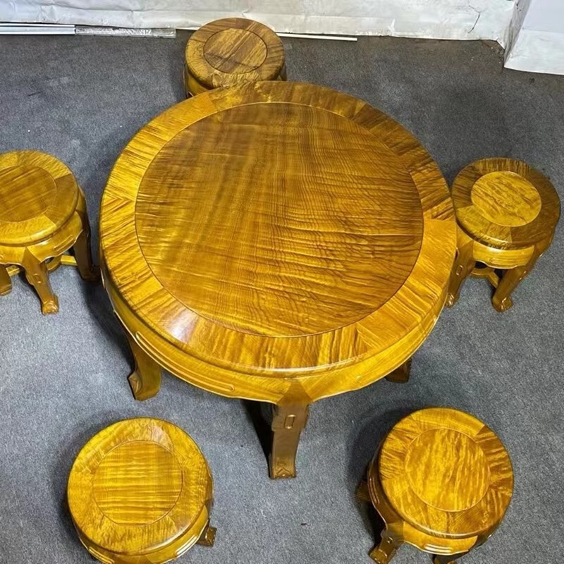 温朵大叶桢楠圆鼓桌鼓凳古典中式餐桌六件套